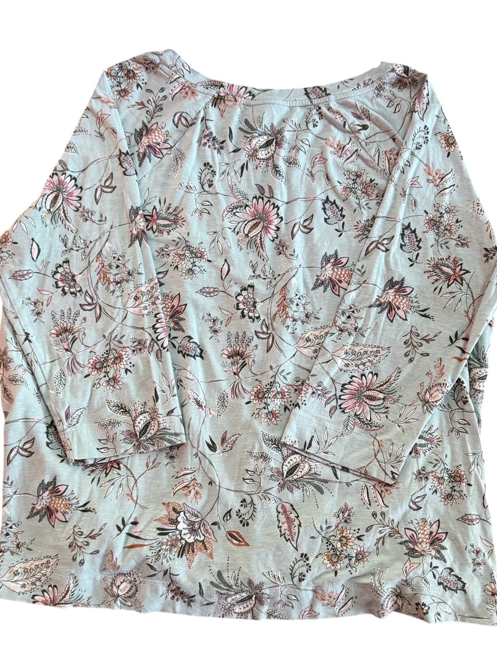 J. Jill Sage Green Floral Long Sleeve Top with Pink Trim - Picture 2 of 5